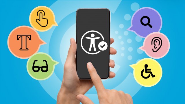 Mobile phone surrounded by web accessibility icons