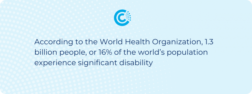 According to the World Health Organization, 1.3 billion people, or 16% of the world’s population experience significant disability