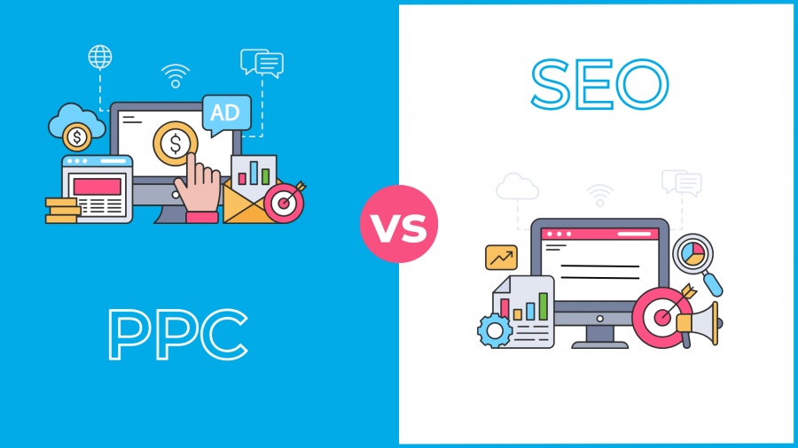 PPC vs SEO graphic with comparison on each side