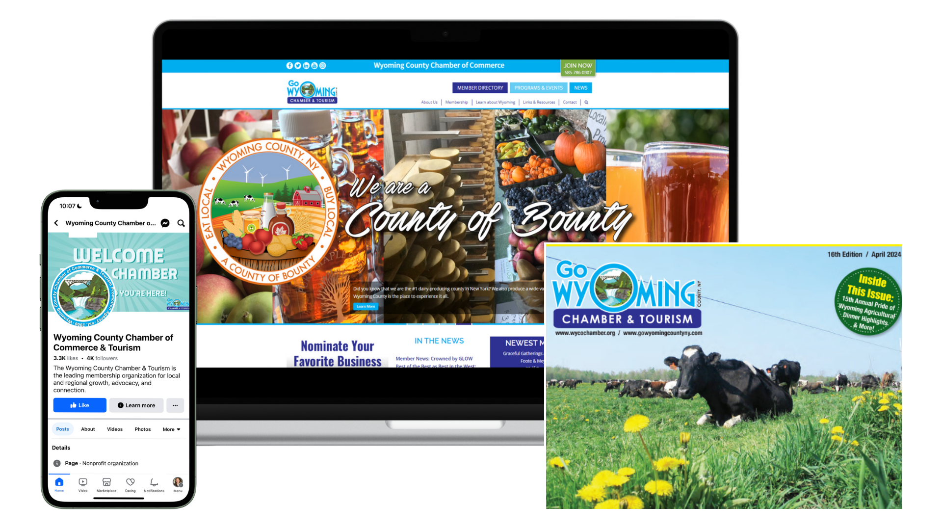 Wyoming County Chamber Website Mockup on Laptop, Tablet, and Phone