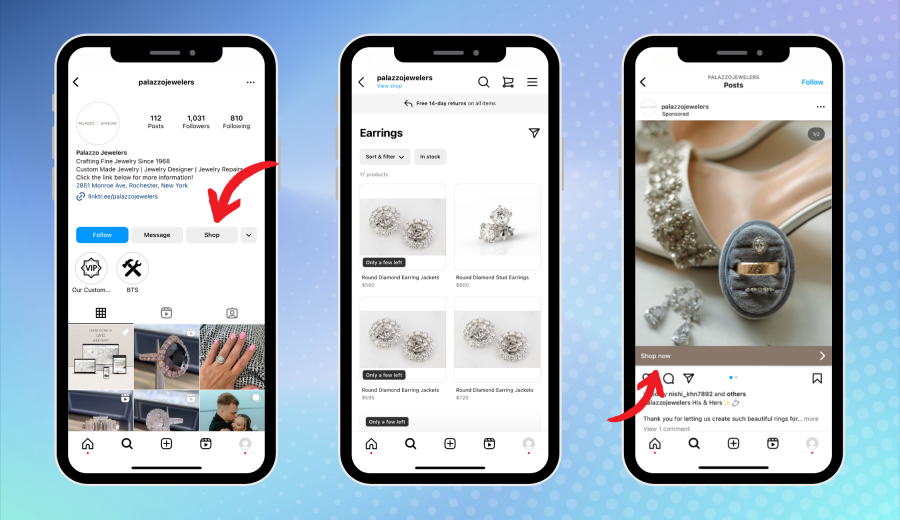 3 phone screens showing Instagram shop for Palazzo Jewelers 